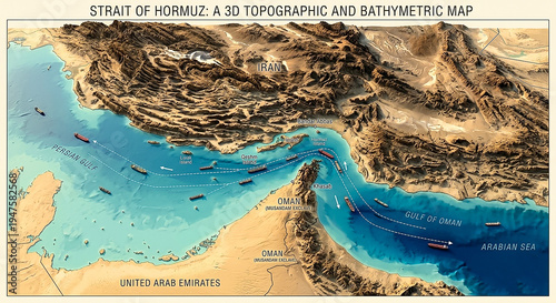 3D map of the Gulf of Hormuz with the route of oil vessels through the strait