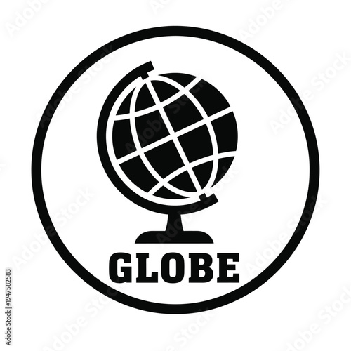 A stark black and white graphic depicts a terrestrial globe within a circular frame accompanied by the word globe below high quality professional detailed modern elegant