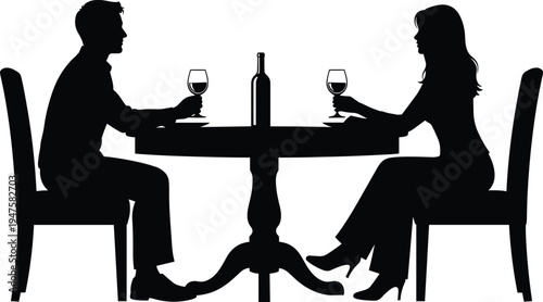 Silhouette couple enjoying wine at a table with a bottle and glasses drinking