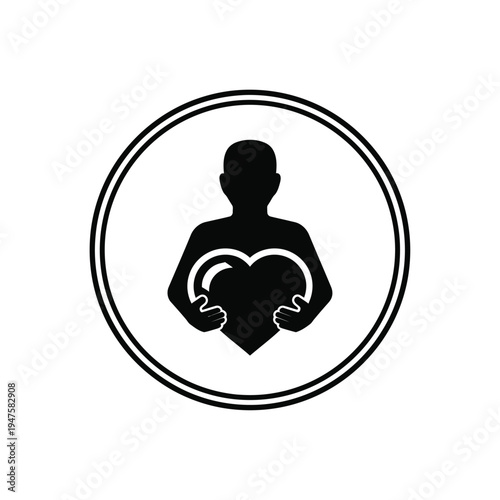 A simple black and white graphic depicts a person embracing a heart shape symbolizing love care and emotional connection high quality professional detailed modern elegant stylish