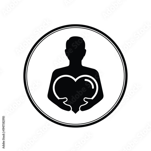 A simple black and white graphic depicts a person holding a heart shaped puzzle piece symbolizing care connection and emotional well being high quality professional detailed modern elegant