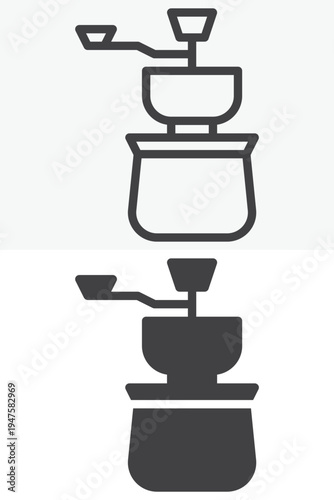 Coffee grinder icon set with manual bean grinding device. Line outline and solid icon styles. Editable stroke vector sign symbol for coffee grinder icon, cafe equipment.