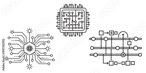 Conceptual illustration of computer microchip and quantum computing circuit diagram
