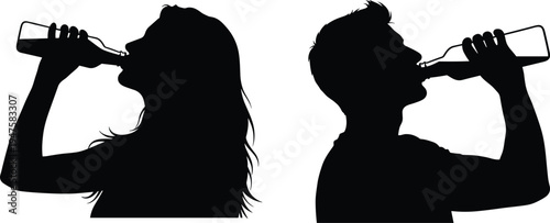 Silhouette of a woman and man drinking from bottles vector illustration