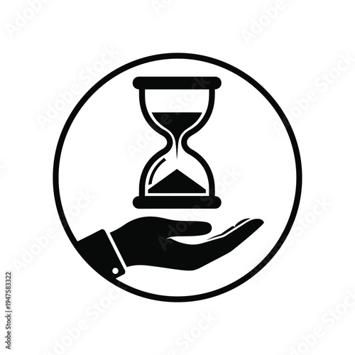 A black and white graphic depicts a human hand gently holding a classic hourglass circled for emphasis high quality professional detailed modern elegant stylish clean crisp