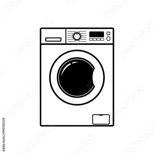 Black and white illustration of a modern front loading washing machine