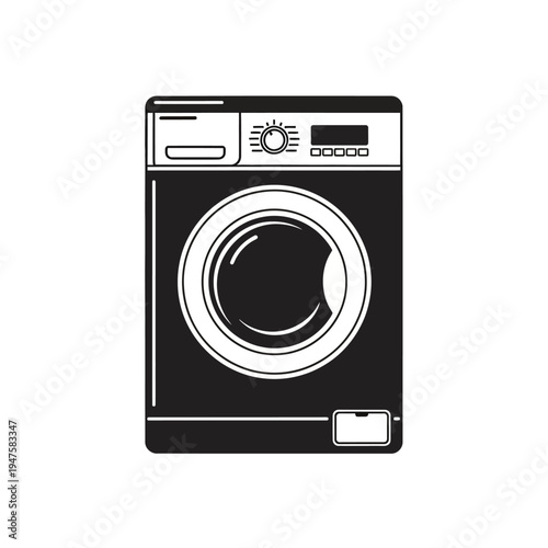 A black and white illustration of a modern front loading washing machine