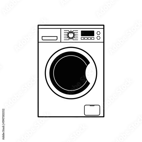 Simple black and white illustration of a front loading washing machine