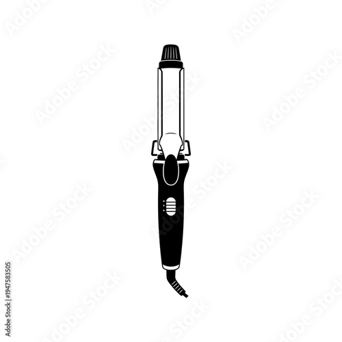 A black and white illustration of a modern hair curling iron