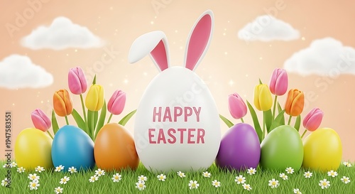 Easter bunny eggs tulips happy easter springtime celebration scene
