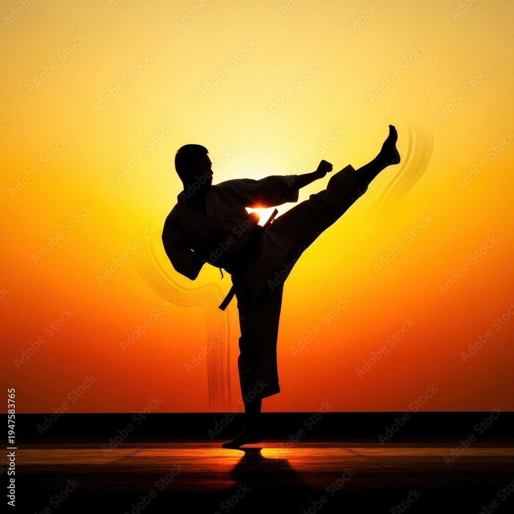 Fototapeta premium Silhouette of a martial artist practicing a kick against a sunset.