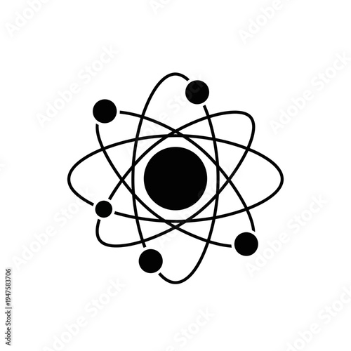 Simple black and white illustration of an atomic structure with orbiting electrons