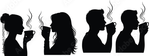 Silhouettes Of People Enjoying Hot Drinks With Steam Rising From Cups women drinking