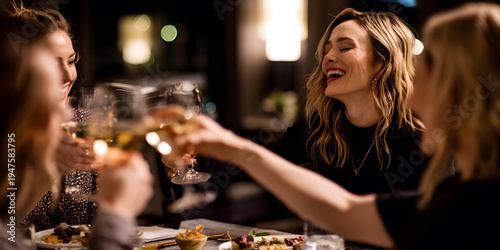 Cheerful group of women laughing and toasting with glasses of white wine during an elegant dinner party. Friendship, celebration, and nighttime lifestyle concept