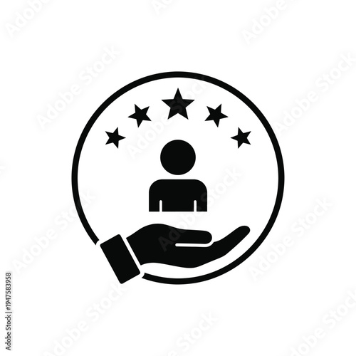 A simplistic black icon depicts a hand cradling a person s silhouette surrounded by five stars within a circular frame high quality professional detailed modern