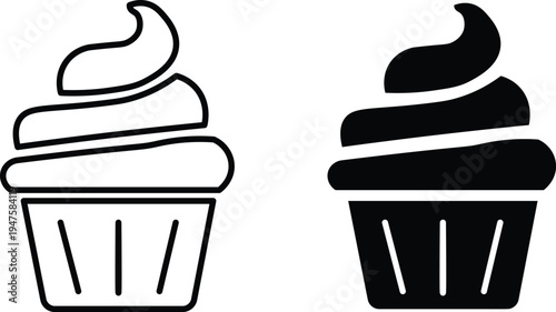 Two simple black and white icons of cupcakes, one outlined and one filled, representing dessert or sweet treats.