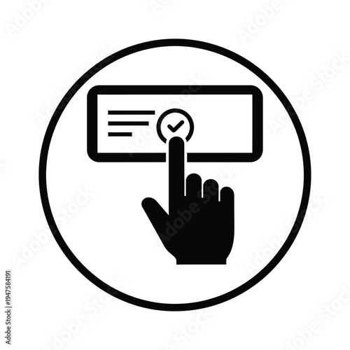A black and white icon depicts a hand touching a smartphone screen displaying a checkmark symbolizing confirmation or approval high quality professional detailed modern elegant stylish
