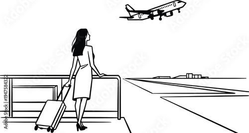 Vector illustration of woman with luggage at airport looking at flying airplane