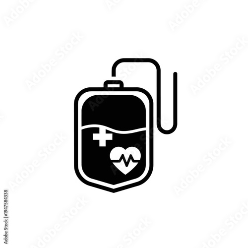 A black icon depicting a blood bag with a heart and medical cross