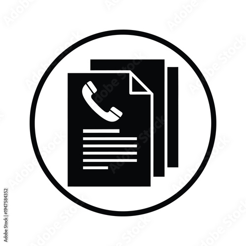 A black and white icon depicts stacked documents with a telephone handset resting on top all enclosed within a circular frame high quality professional detailed modern