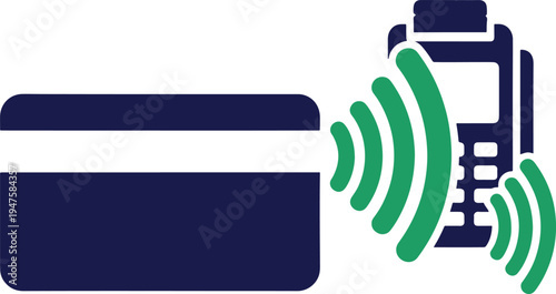 Contactless payment icon showing credit card with wireless radio waves near pos terminal