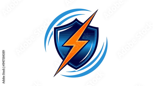 Shield with orange lightning bolt logo.