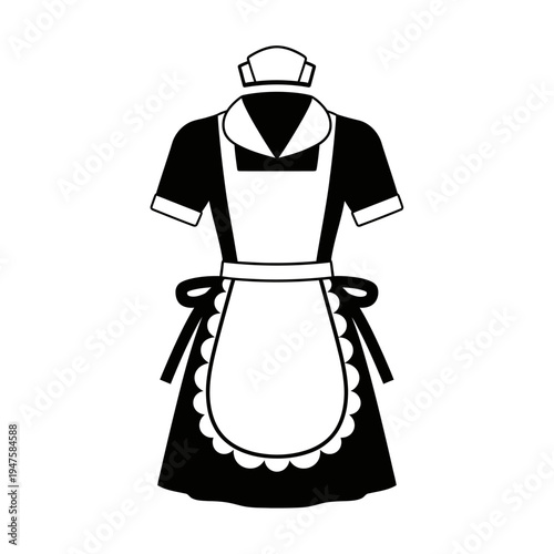 Black and white illustration depicting a classic maid uniform with headpiece