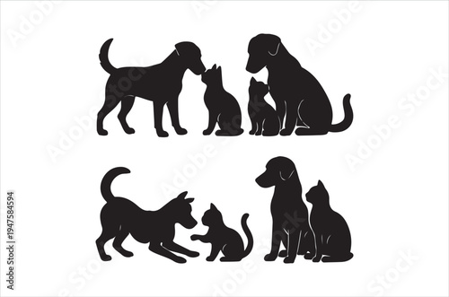Silhouettes of dogs and cats interacting presented in duplicate arrangements