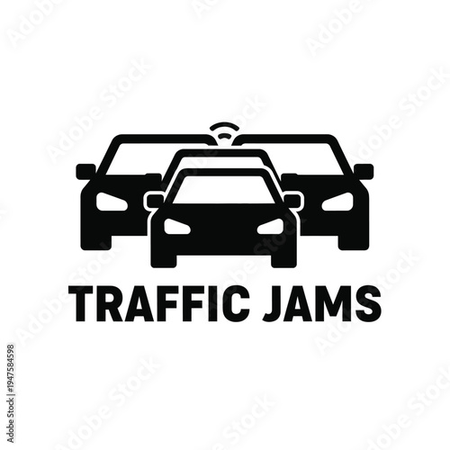 A stark black silhouette depicts congested traffic with three vehicles and the bold text traffic jams below high quality professional detailed modern elegant stylish