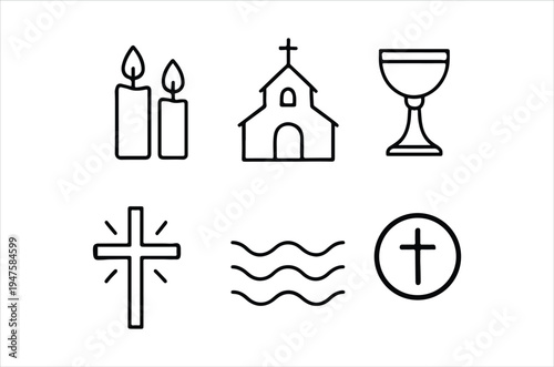 Line art icons depicting religious symbols including candles church and communion