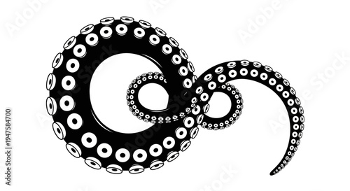 Intricate black and white illustration of octopus tentacles forming a spiral