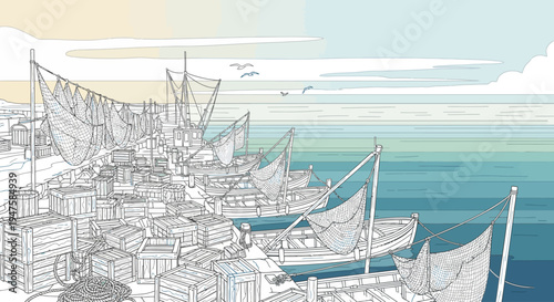 Fishing boats docked in a harbor with nets and buildings.