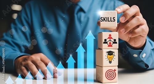Professional stacking skill blocks on a growth chart, symbolizing career development and business improvement.