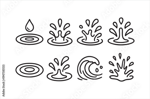 Black and white line art depicting various water droplet and wave forms