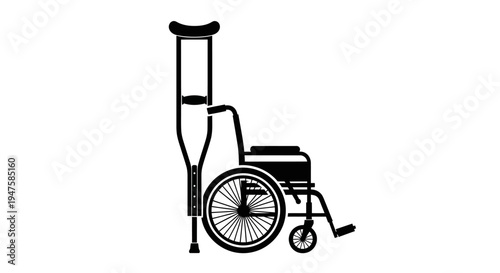 Black wheelchair with crutches beside.