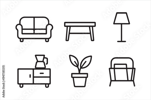 Minimalist line art depicting common household furniture and decorative items