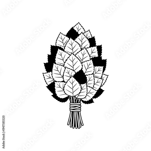 A detailed black and white illustration of a bundled collection of leaves