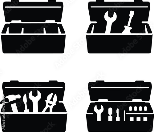 Black and white toolbox with various tools tool box wrench pliers