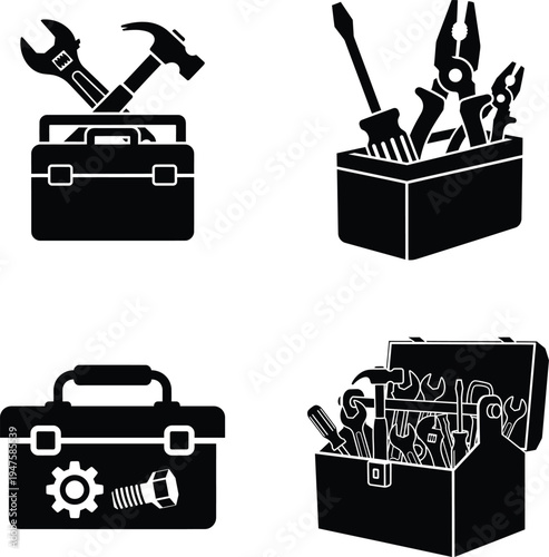 Black and white toolbox with various tools tool box construction repair