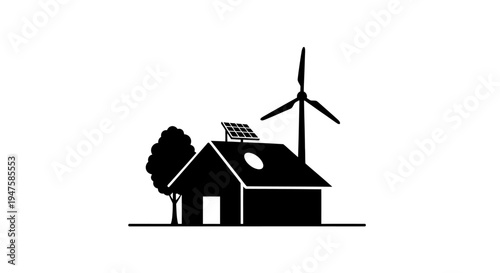House with solar panel and wind turbine.