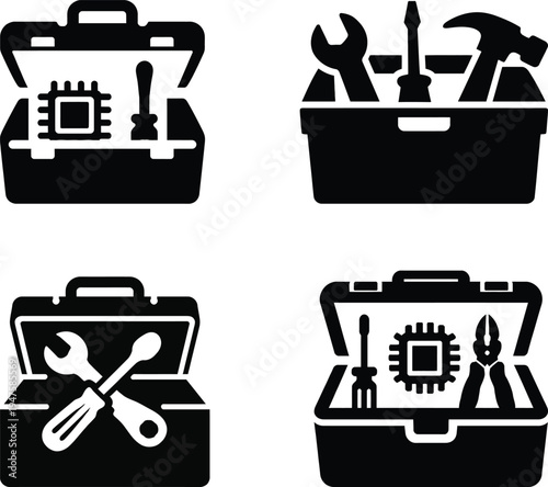 Black and white toolbox with various tools and computer chip tool box screwdriver