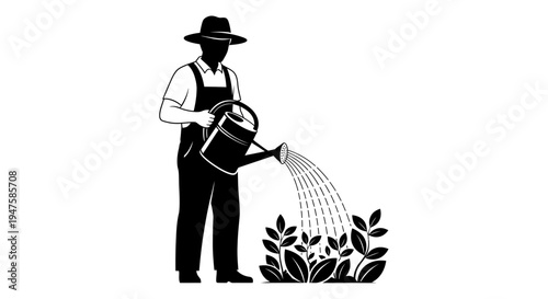 Gardener watering plants with a watering can wearing overalls and hat.