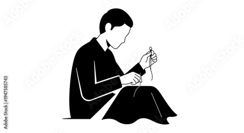 Man sitting and sewing with needle.