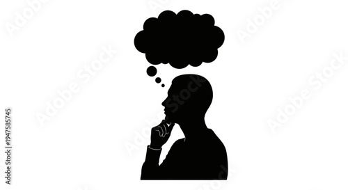 Man thinking with thought bubble above.