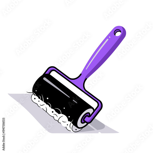A purple lint roller with a black fluffy roller head and shadow
