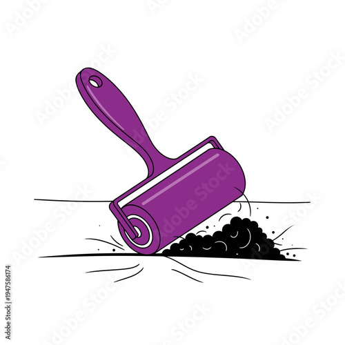 Purple lint roller removing dark debris from a light surface