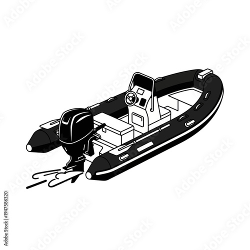 Black and white illustration of a small inflatable motorboat