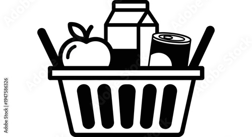 Grocery shopping basket with food and drink items illustration.