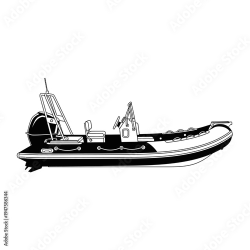 Detailed black and white illustration of a rigid inflatable boat design