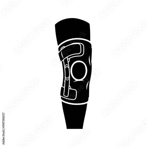 A black silhouette of a knee brace with straps and hinges